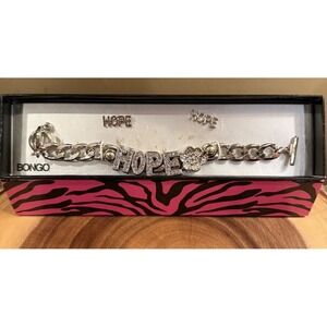 Y2K Bongo HOPE Charm Bracelet‎ Earrings Set Silver Tone Rhinestone  New In Box